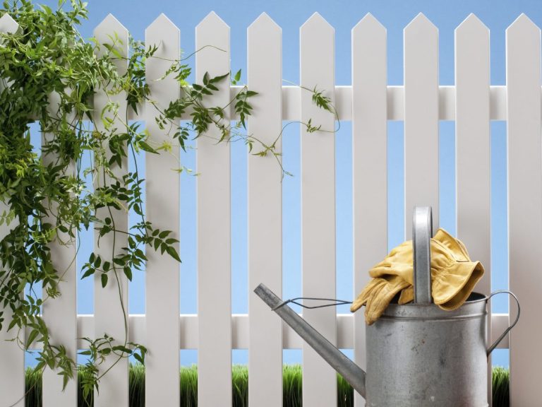Beispielhafte Gartenansicht mit montiertem Holzzaun als Sichtschutz.