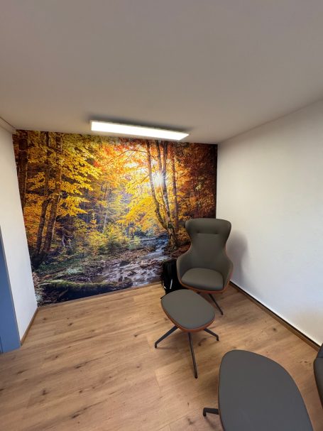 BKL Dienstleistungen gestaltet eine Wand mit Wald-Fototapete bei erixx in Bad Harzburg – moderne Raumgestaltung.